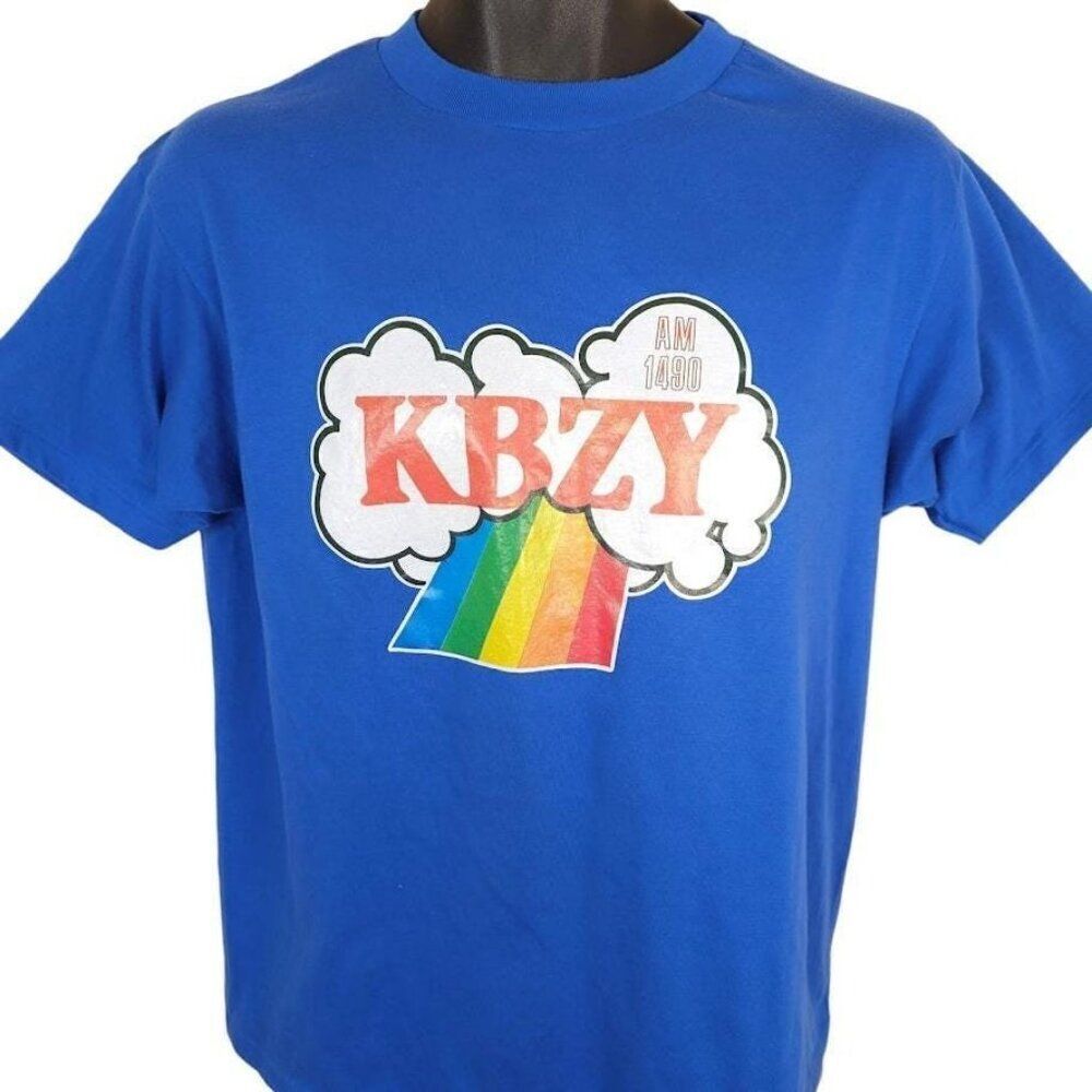 Vintage 1490 KBZY T Shirt Mens Size Medium Blue 80s Oregon Radio Station Rainbow